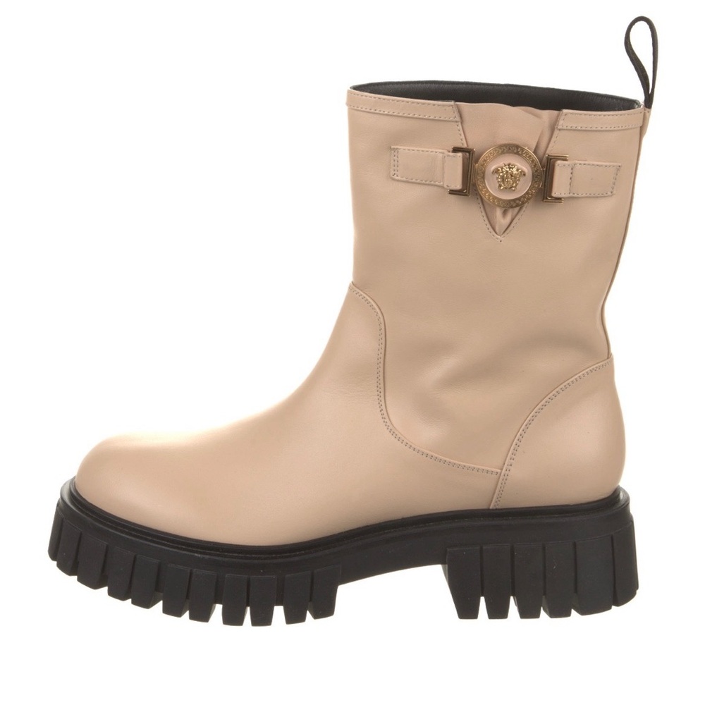 Versace Beige Leather Lug-Sole Ankle Boots with Gold Medusa